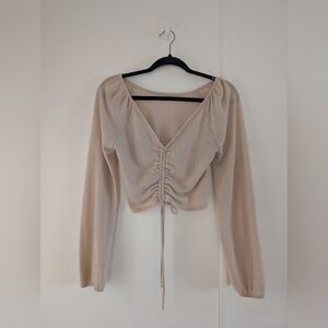Cream Long Sleeve Crop Blouse with Ruched Tie Front